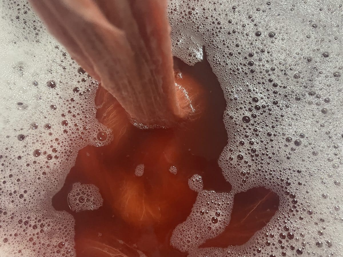 Madder in the dye pot at Blue Thistle Fibers Mill